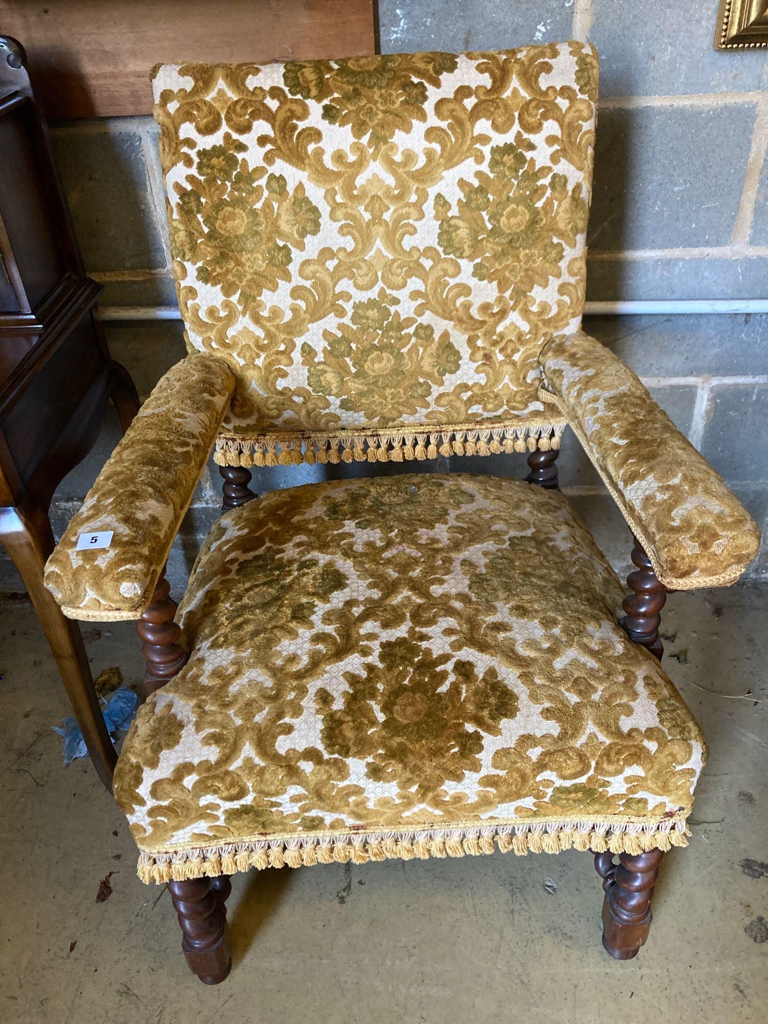 A late Victorian Carolean revival walnut elbow chair